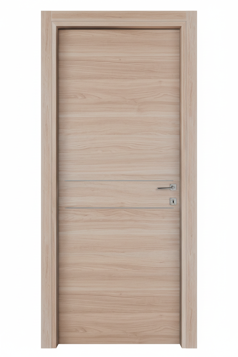 Porta interna in legno chiaro su sfondo bianco