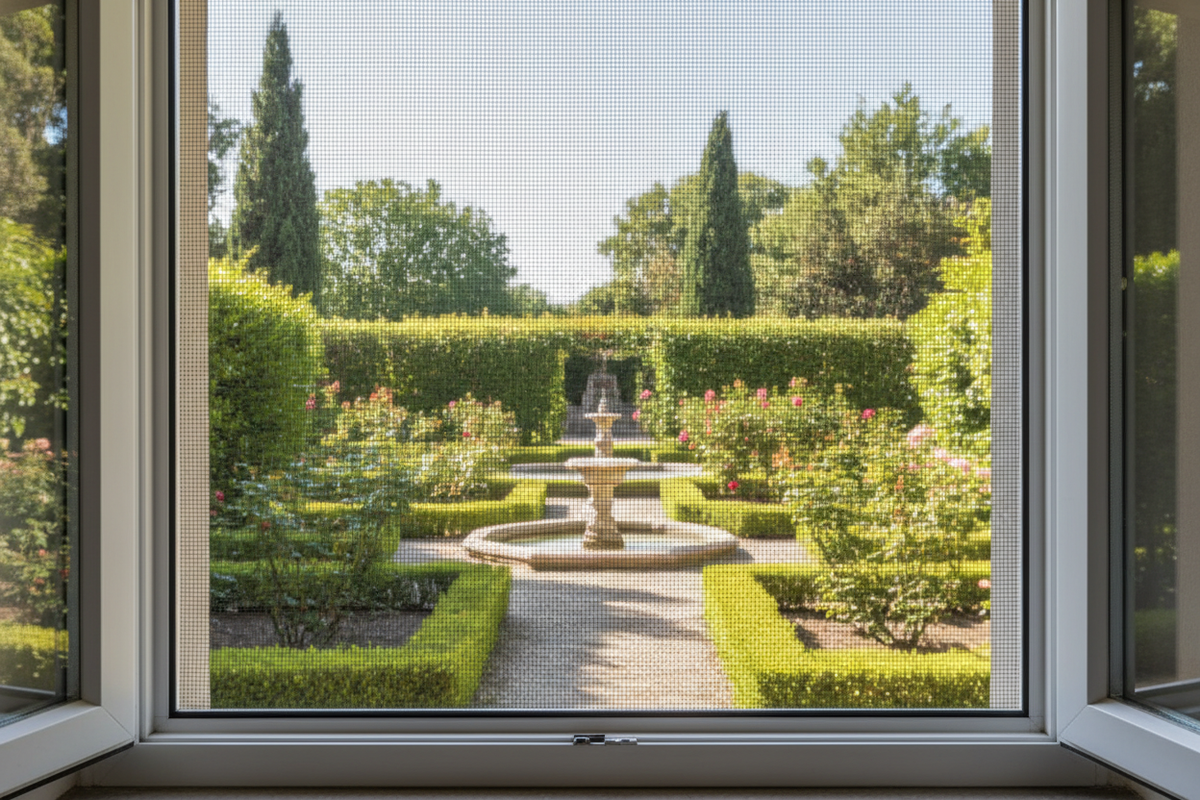 Zanzariera verticale su finestra con giardino